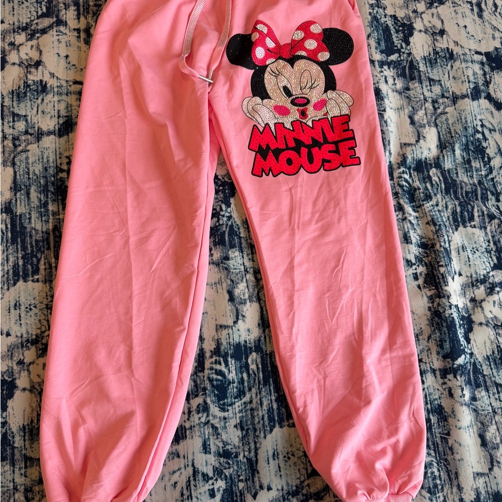 Boutique Disney Minnie Mouse Custom Made Bedazzle Pink Joggers Women’s Size L/XL
